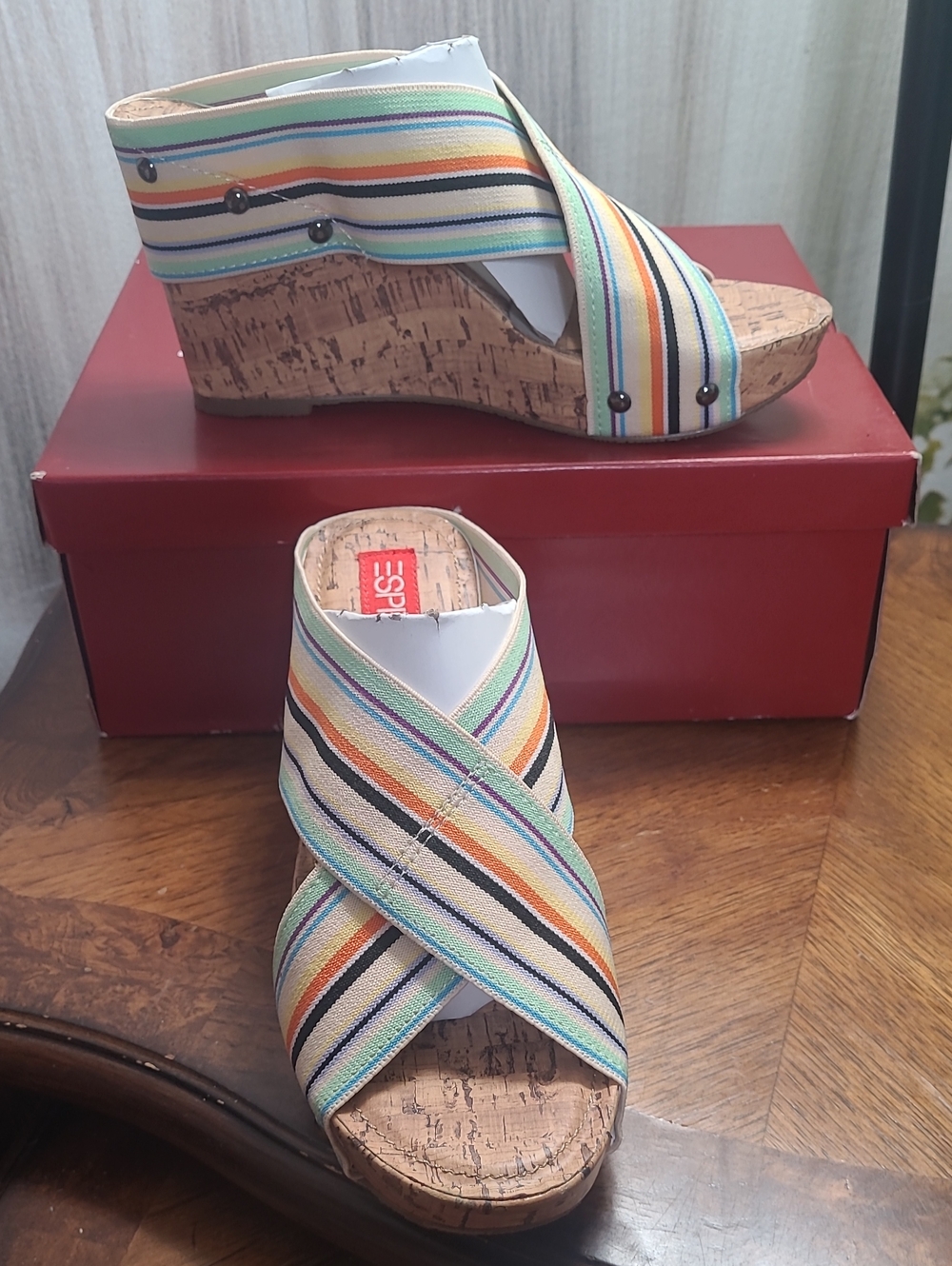 New! Esprit Womens 7 Oceane multi colored striped 80's cork wedge sandals